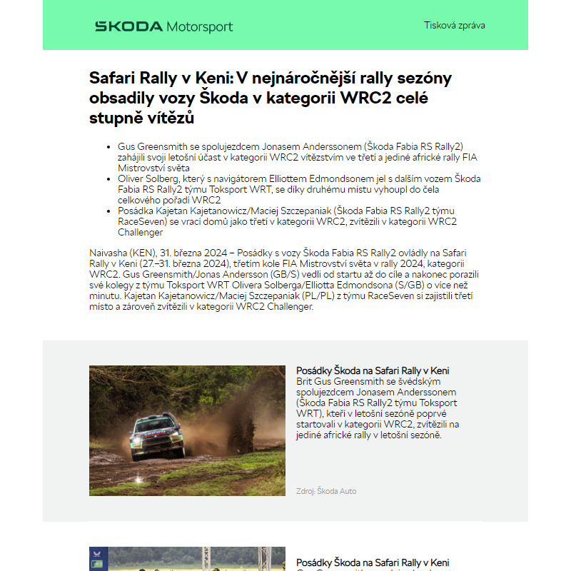 Safari Rally v Keni: V nejnáročnější rally sezóny obsadily vozy Škoda v kategorii WRC2 celé stupně vítězů