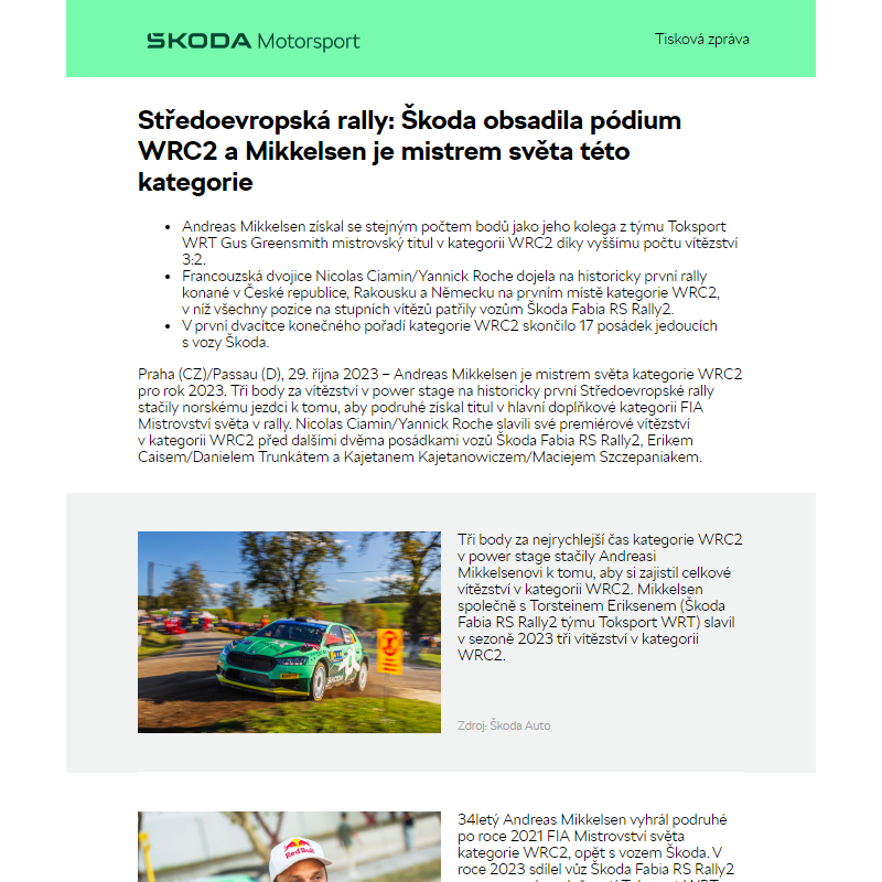 Středoevropská rally: Škoda obsadila pódium WRC2 a Mikkelsen je mistrem světa této kategorie