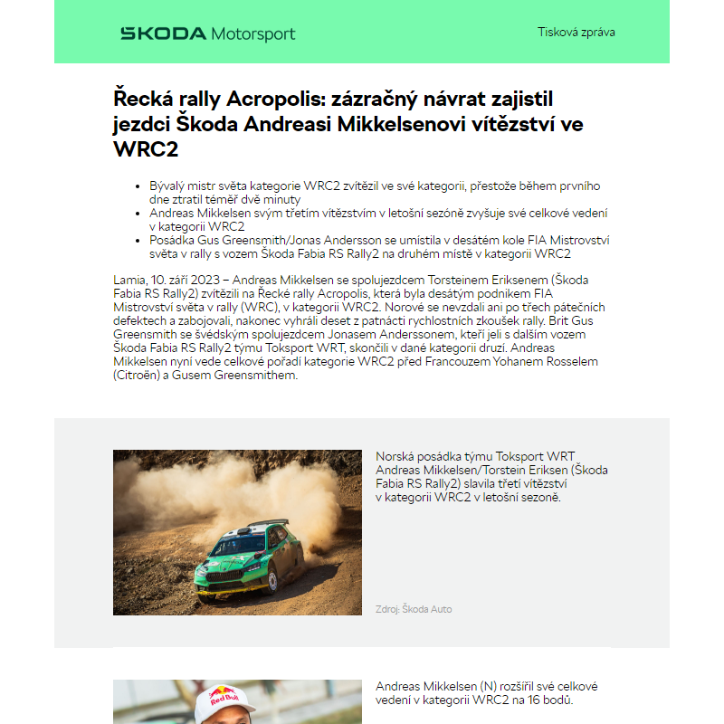 Řecká rally Acropolis: zázračný návrat zajistil jezdci Škoda Andreasi Mikkelsenovi vítězství ve WRC2