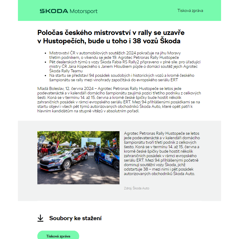 Poločas českého mistrovství v rally se uzavře v Hustopečích, bude u toho i 38 vozů Škoda