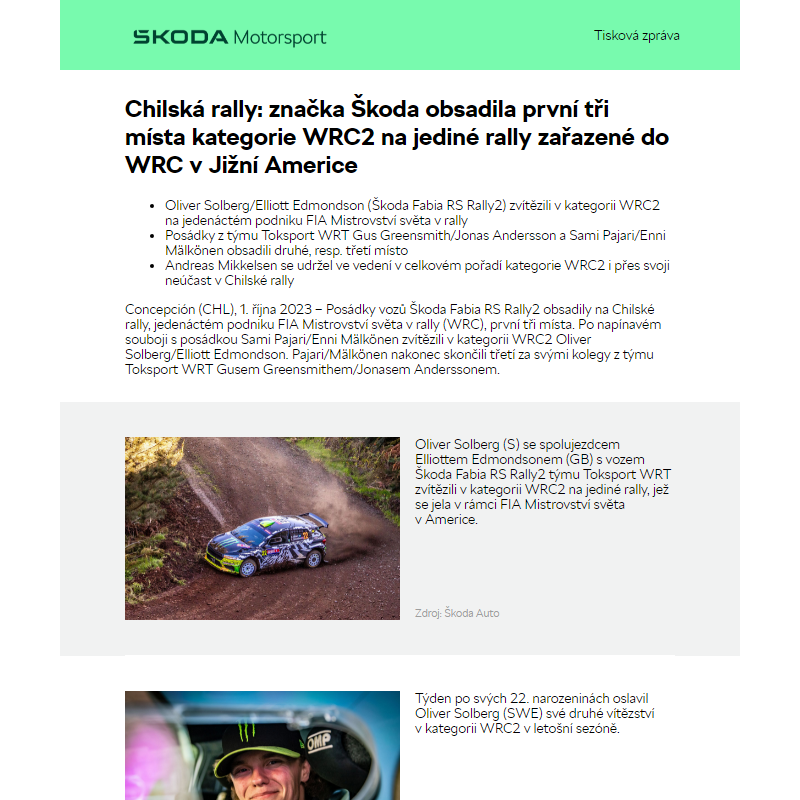 Chilská rally: značka Škoda obsadila první tři místa kategorie WRC2 na jediné rally zařazené do WRC v Jižní Americe