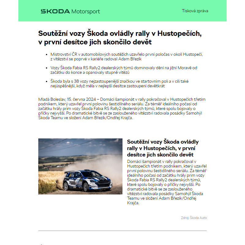 Soutěžní vozy Škoda ovládly rally v Hustopečích, v první desítce jich skončilo devět