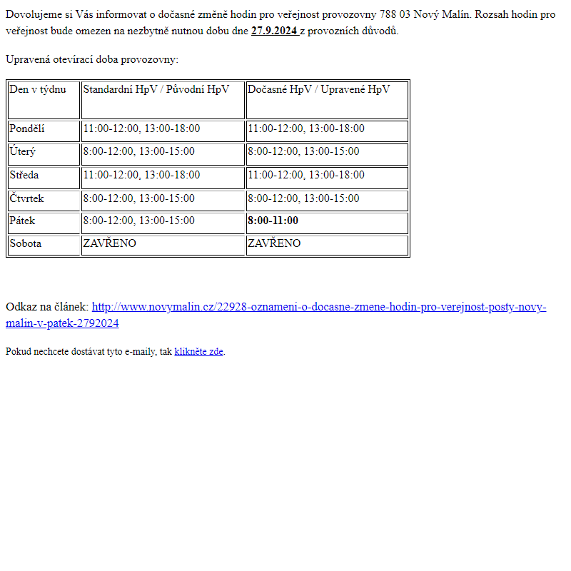 Oznámení o dočasné změně hodin pro veřejnost pošty Nový Malín v pátek 27.9.2024 - Obec Nový Malín