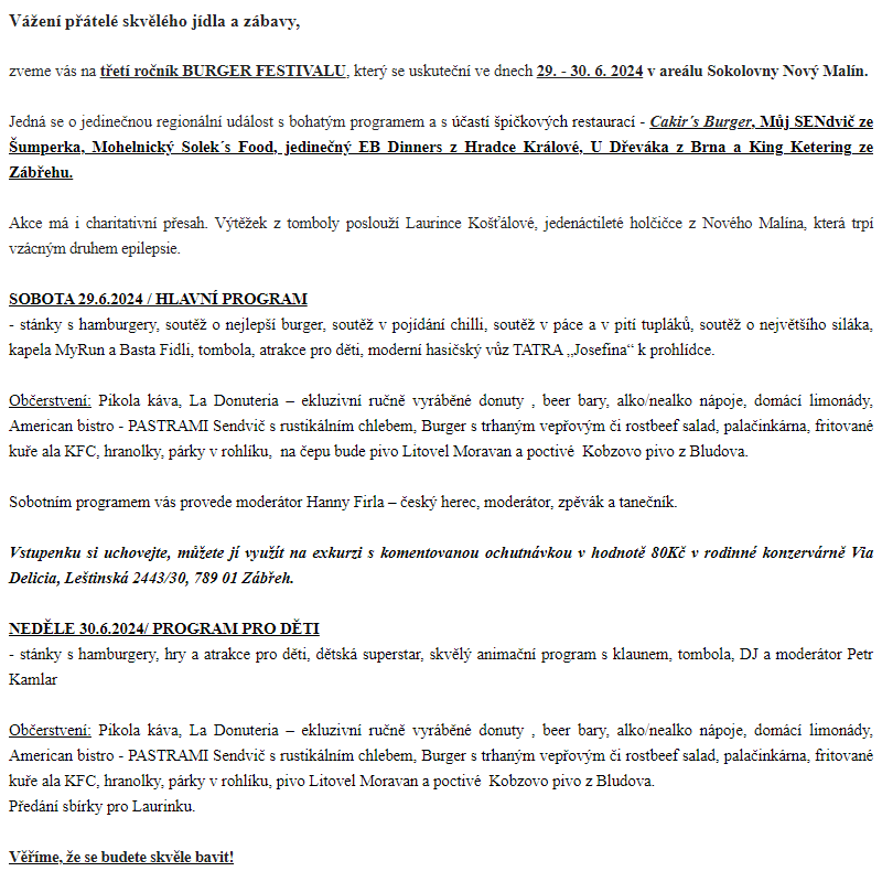 Pozvánka na třetí ročník BURGER FESTIVALU, který se koná ve dnech 29. a 30. června 2024 od 10.00 hod. v areálu Sokolovny Nový Malín.  - Obec Nový Malín