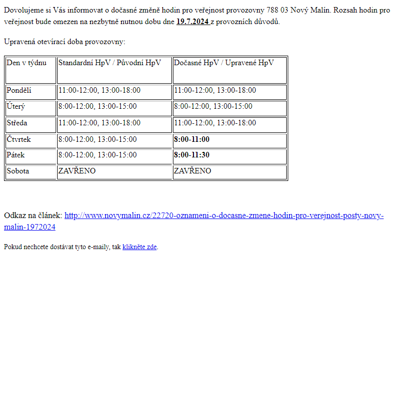 Oznámení o dočasné změně hodin pro veřejnost pošty Nový Malín 19.7.2024 - Obec Nový Malín