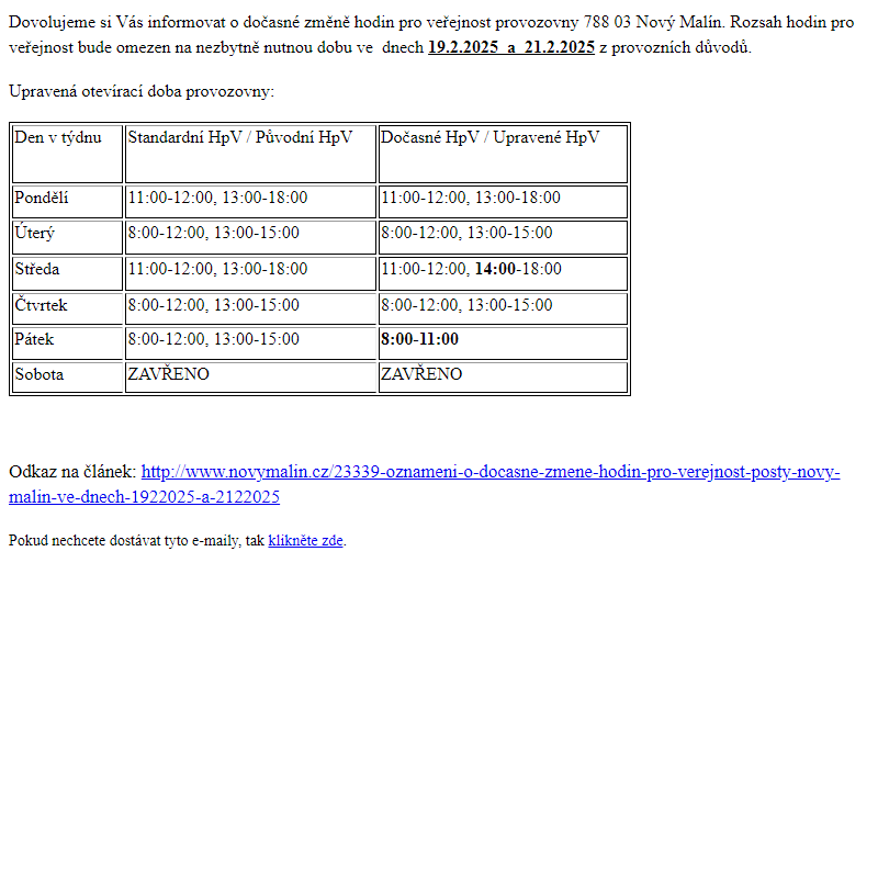 Oznámení o dočasné změně hodin pro veřejnost pošty Nový Malín ve dnech 19.2.2025 a 21.2.2025 - Obec Nový Malín