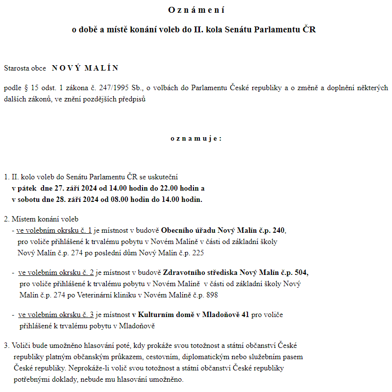 O z n á m e n í  o době a místě konání voleb do II. kola Senátu Parlamentu ČR   - Obec Nový Malín