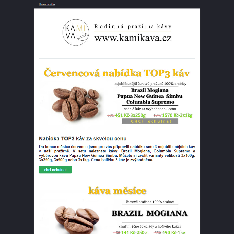 Kamikava - nabídka TOP3 káv pražírny, za skvělou cenu