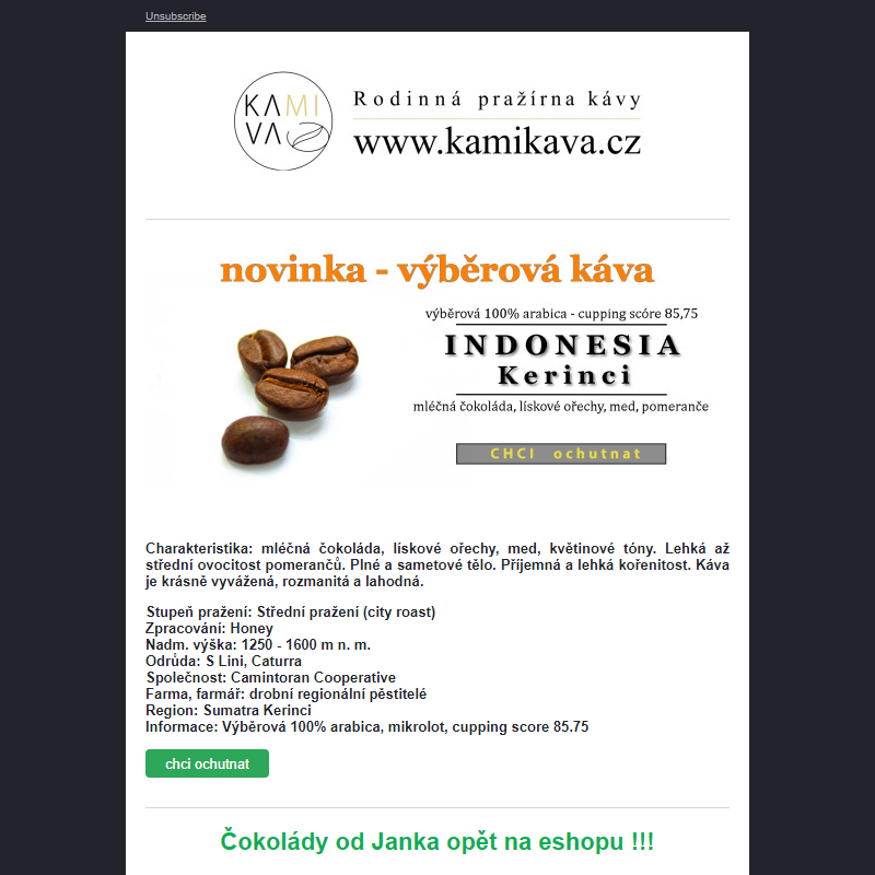 Pražírna KAMIKAVA - nová káva z Indonésie, čokolády opět na eshopu