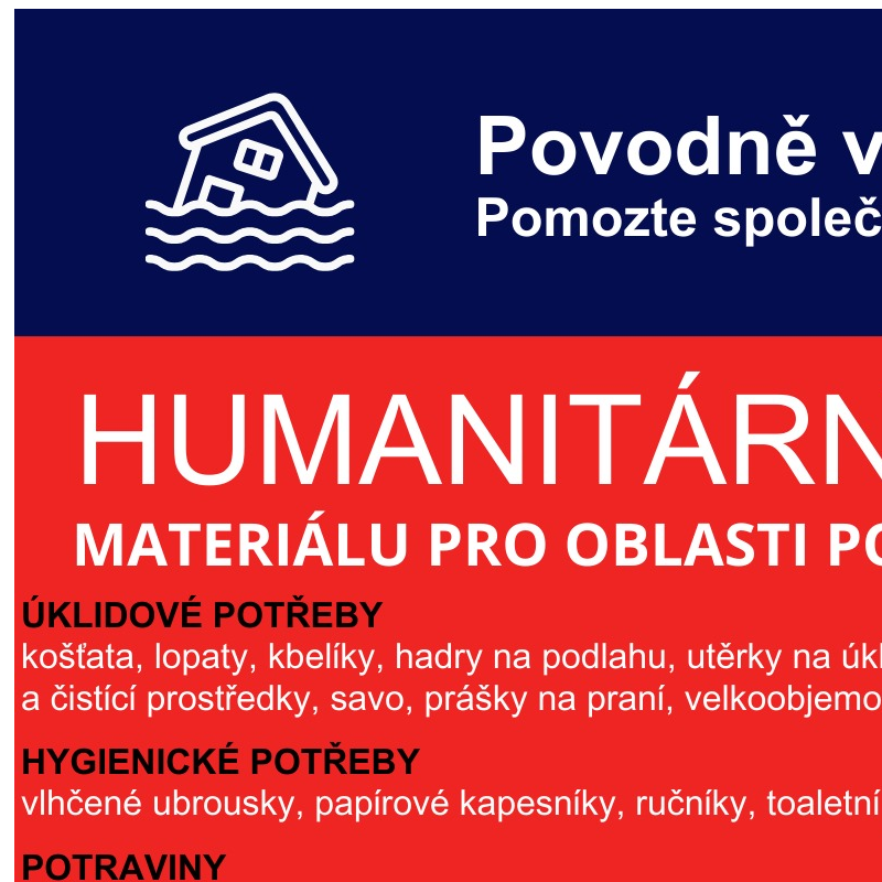 Humanitární sbírka materiálu pro oblasti postižené povodní