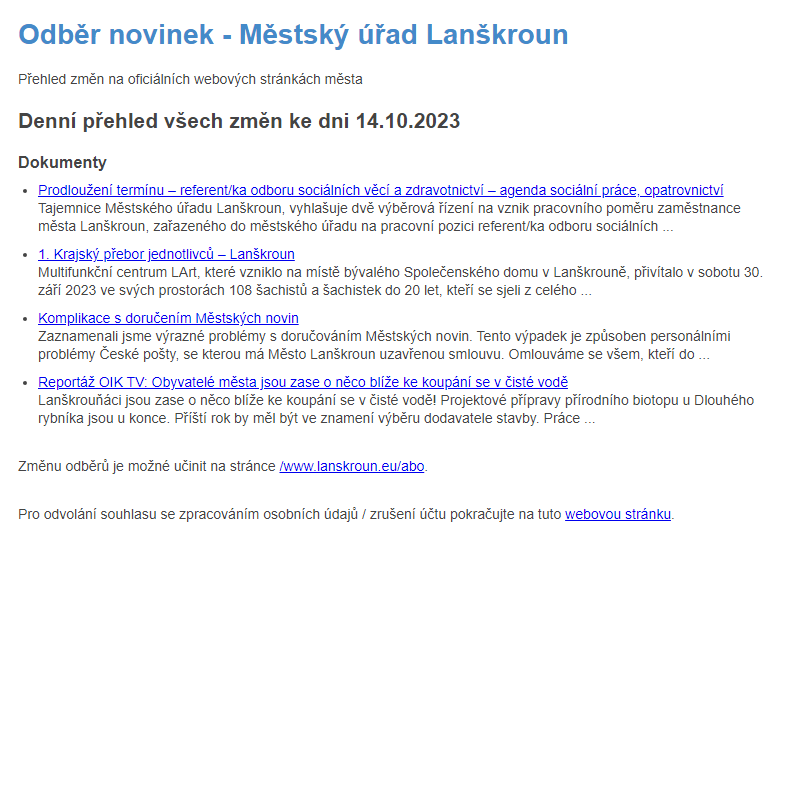 Odběr novinek ze dne 14.10.2023