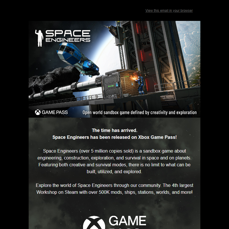 Space Engineers released on Xbox Game Pass!