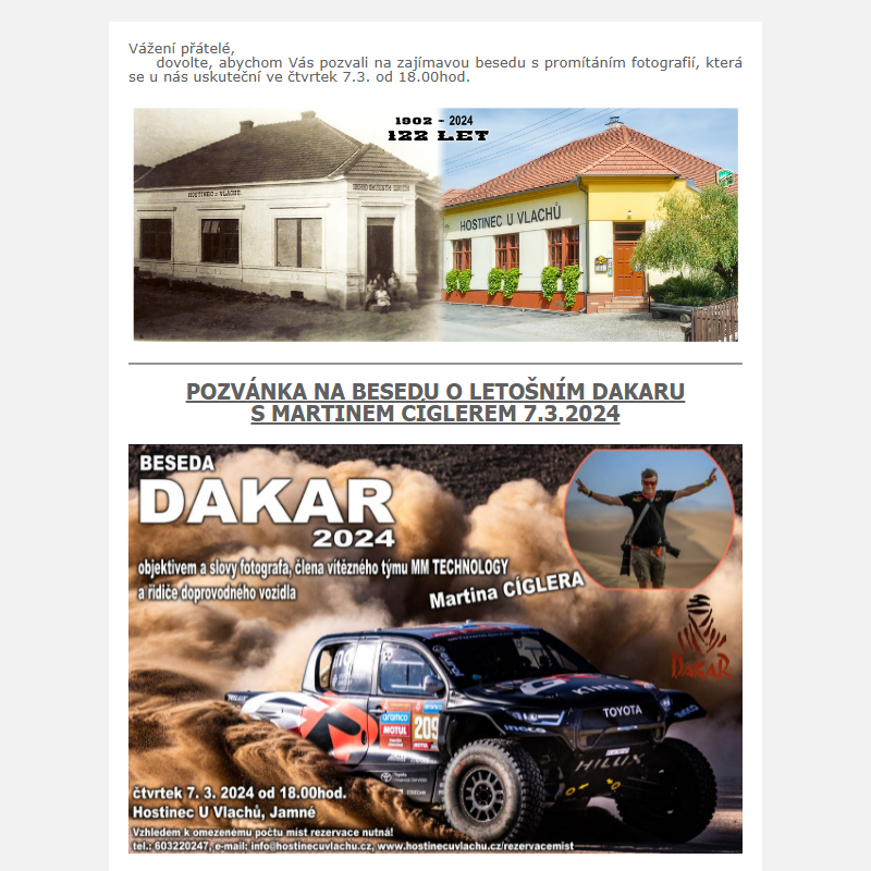 Pozvánka na besedu Dakar 2024 s Martinem Cíglerem