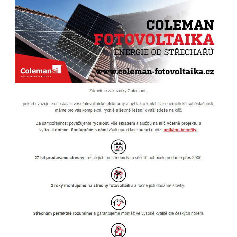 Coleman fotovoltaika - energie od střechařů