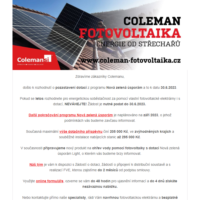 Coleman fotovoltaika - pospěšte s dotací
