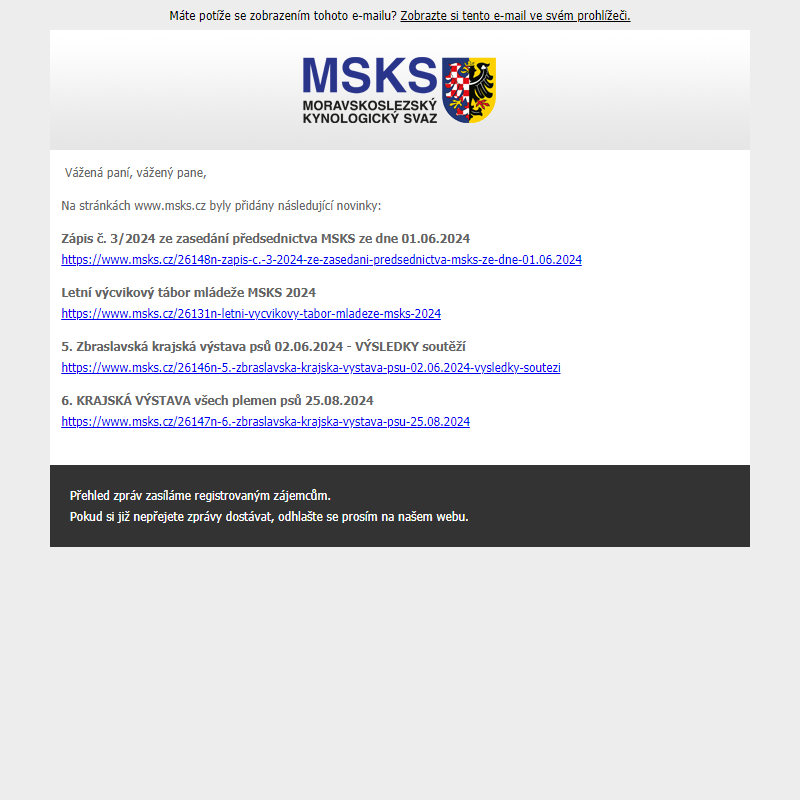Novinky na webu msks.cz - Zápis ze zasedání předsednictva MSKS | LVT mládeže MSKS 2024 | Výstava psů