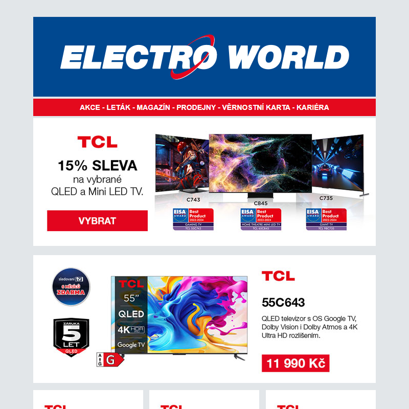 TCL týden - 15 % sleva na vybrané QLED a mini LED televize a další výhodné nabídky.