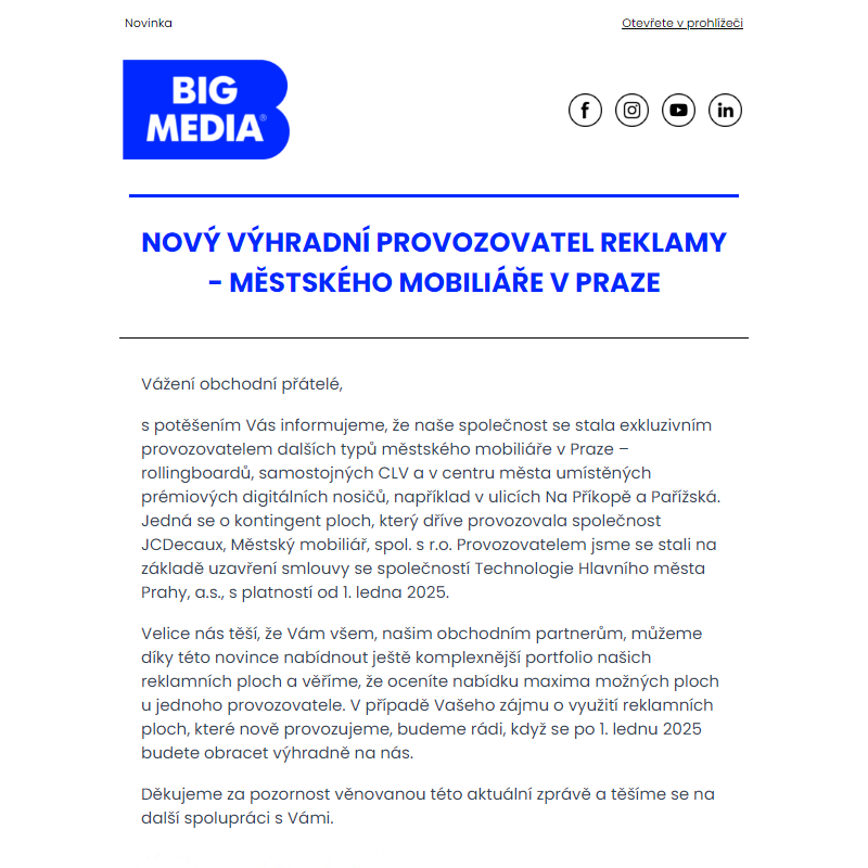 Nový výhradní provozovatel reklamy - městského mobiliáře v Praze od 1. 1. 2025