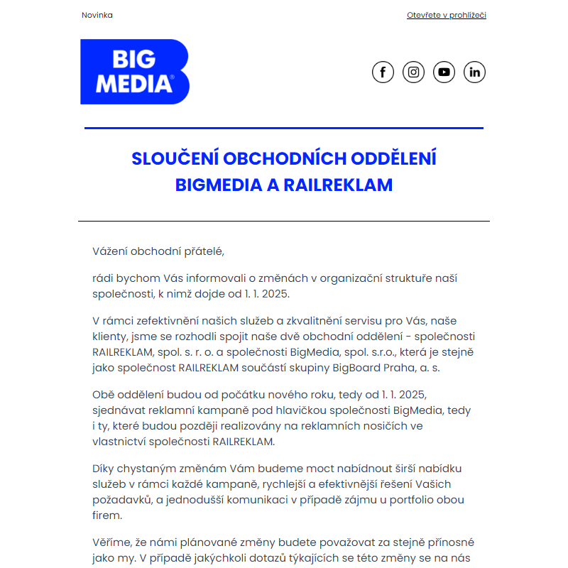 Sloučení obchodních oddělení BigMedia a RAILREKLAM