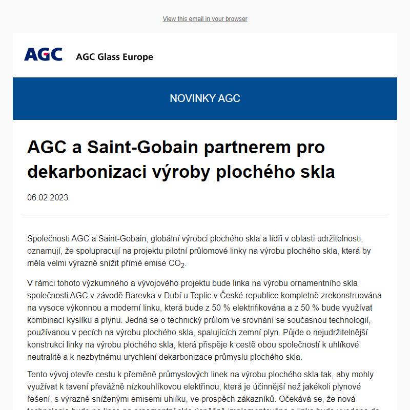 NOVINKY AGC :   AGC a Saint-Gobain partnerem pro dekarbonizaci výroby plochého skla