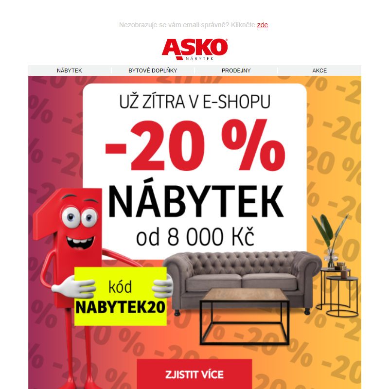 UŽ ZÍTRA sleva 20 % na nábytek od 8.000 Kč