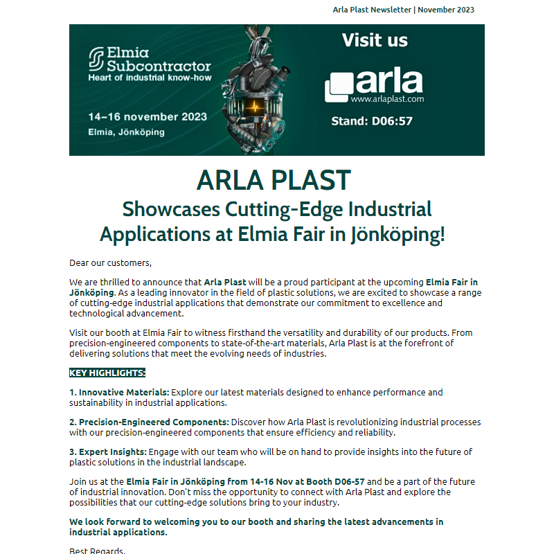 Arla Plast Newsletter 11/2023 - Arla Plast Showcases Cutting-Edge Industrial Applications at Elmia Fair in Jönköping!