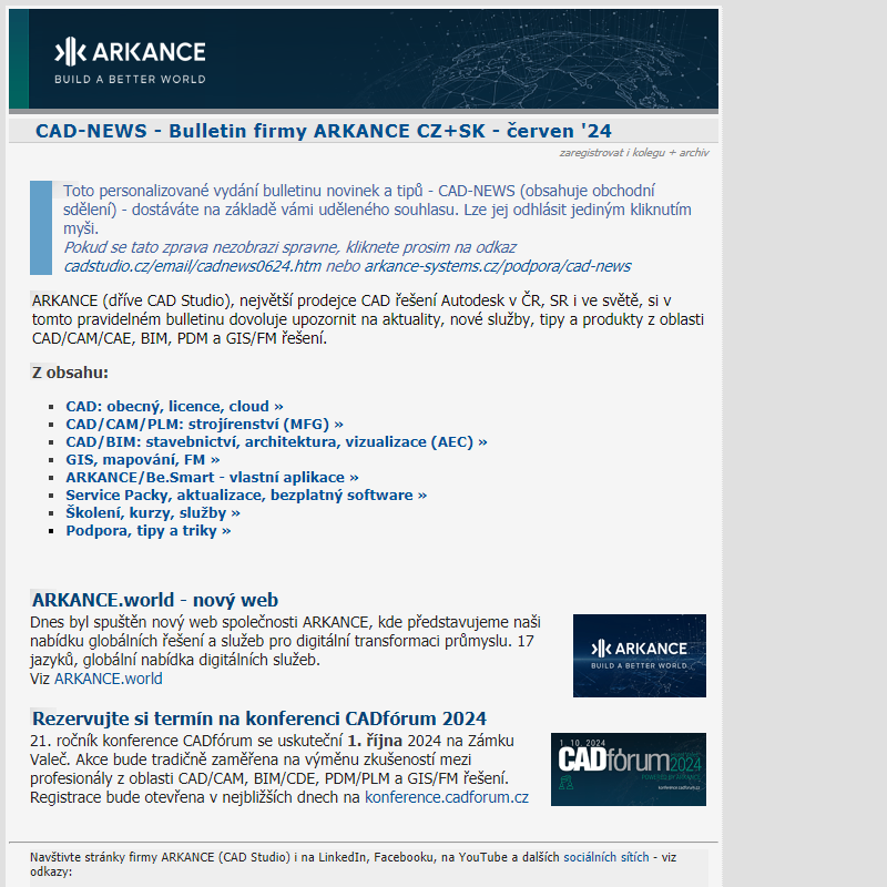 CAD-News 6/24 (obch.sdeleni): ARKANCE.world, 10 duvodu, dotacni skoleni, novinky Fusion, utility, videa, tipy