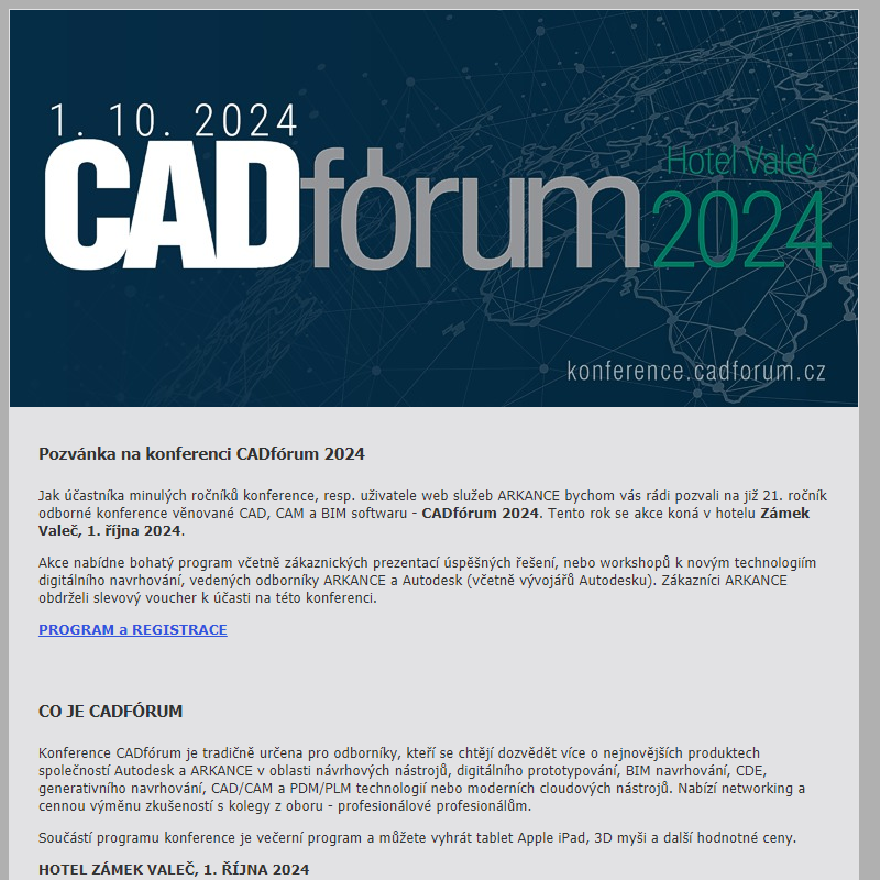 Pozvanka na konferenci CADforum 2024 - CAD/CAM a BIM reseni v praxi