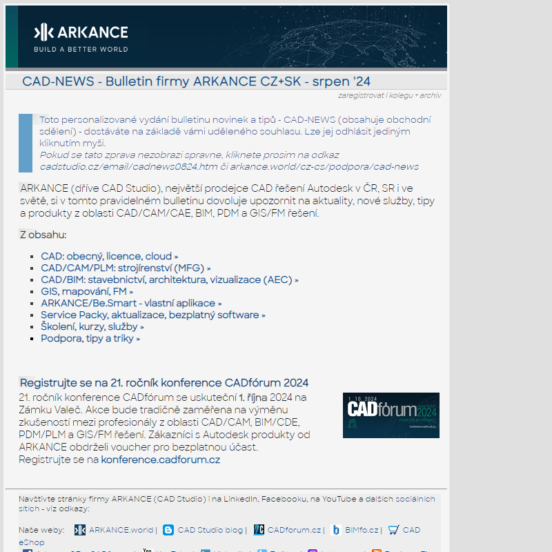 CAD-News 8/24 (obch.sdeleni): CADforum 2024, Autodesk NBE, BIM Academy s dotaci, Content Library, videa, tipy