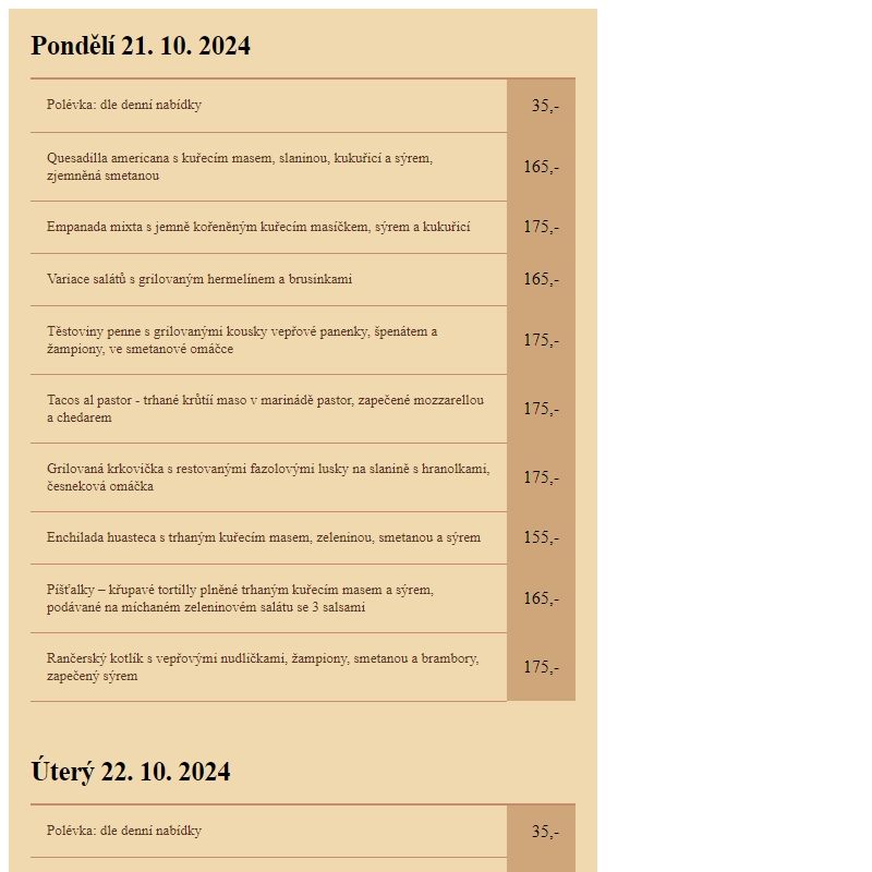 Lacabana - Týdenní menu