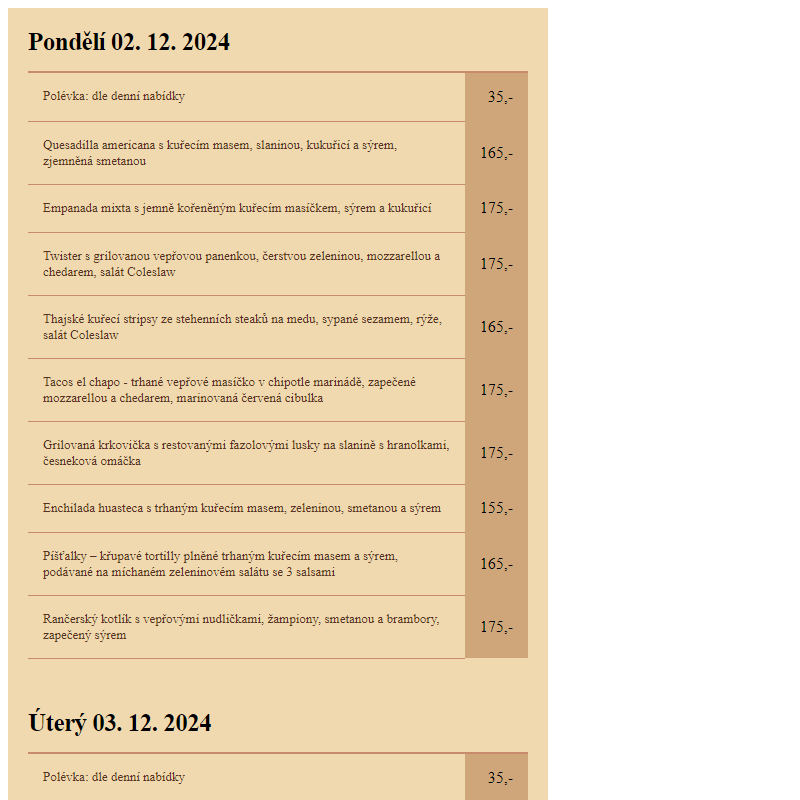 Lacabana - Týdenní menu