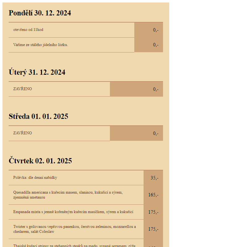 Lacabana - Týdenní menu