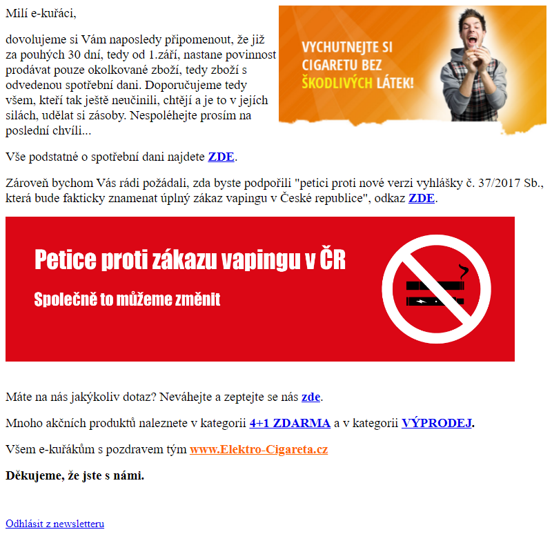 Elektro-Cigareta.cz - SPOTŘEBNÍ DAŇ JIŽ ZA 30 DNÍ!