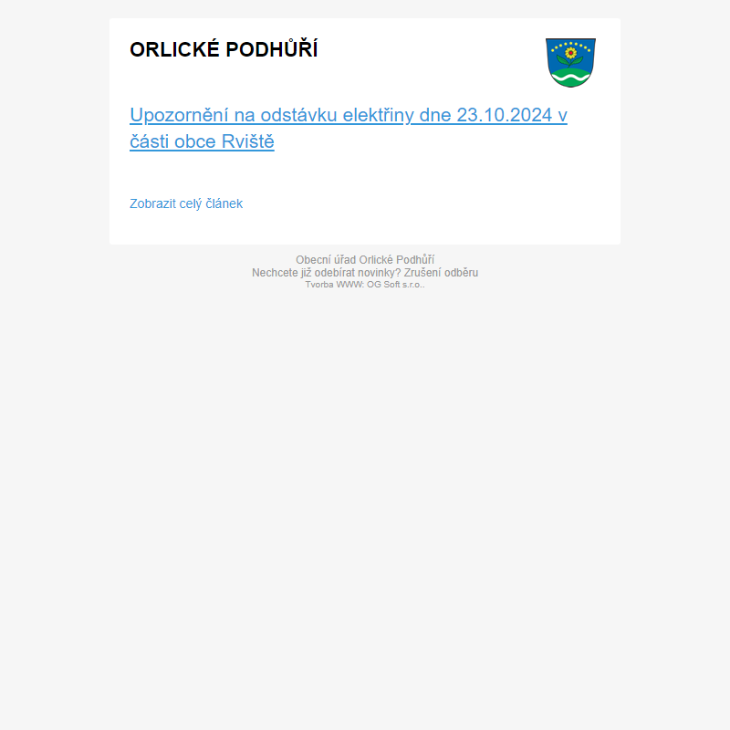 Upozornění na odstávku elektřiny dne 23.10.2024 v části obce Rviště