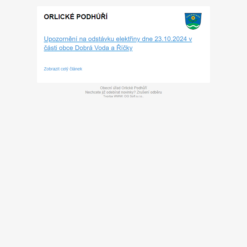 Upozornění na odstávku elektřiny dne 23.10.2024 v části obce Dobrá Voda a Říčky