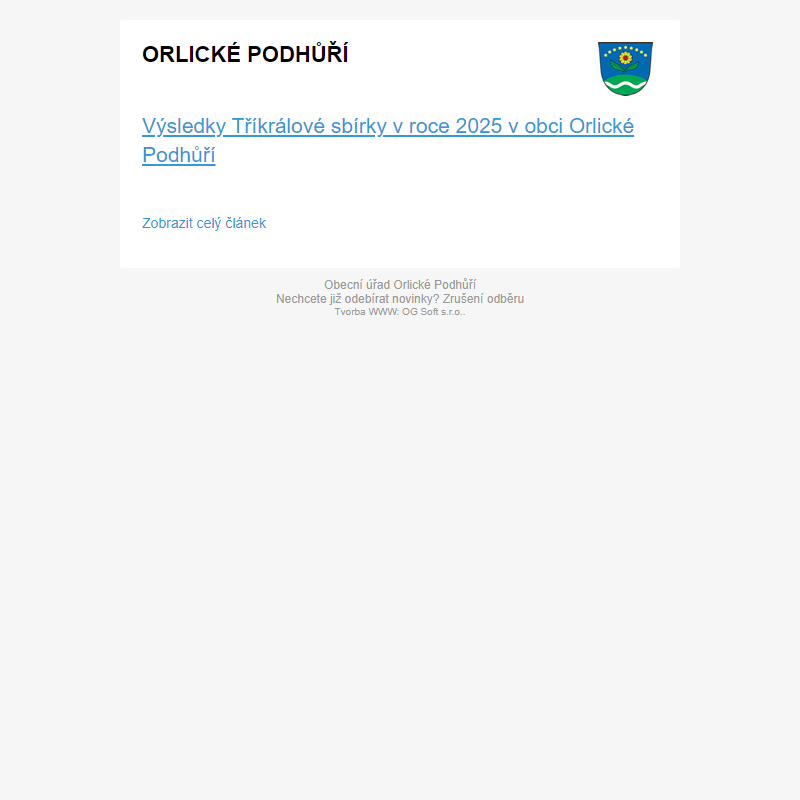 Výsledky Tříkrálové sbírky v roce 2025 v obci Orlické Podhůří