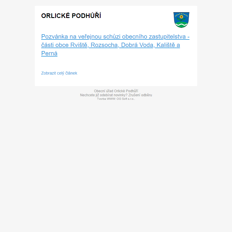 Pozvánka na veřejnou schůzi obecního zastupitelstva - části obce Rviště, Rozsocha, Dobrá Voda, Kaliště a Perná