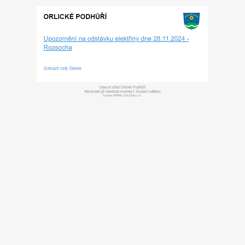Upozornění na odstávku elektřiny dne 28.11.2024 - Rozsocha