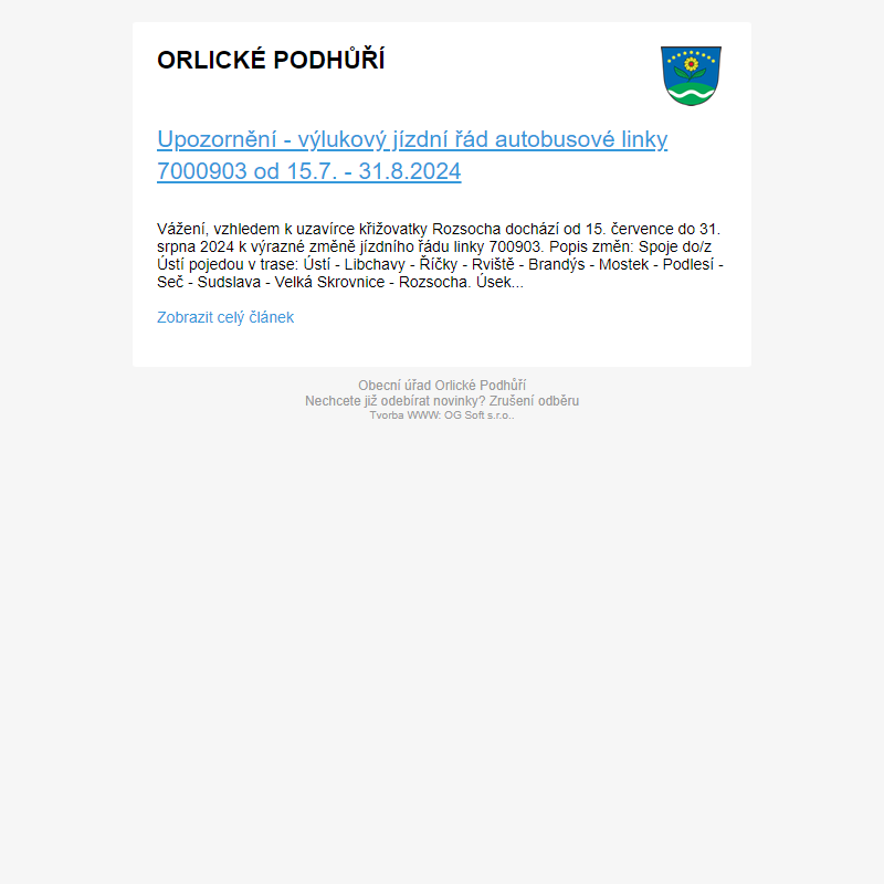 Upozornění - výlukový jízdní řád autobusové linky 7000903 od 15.7. - 31.8.2024