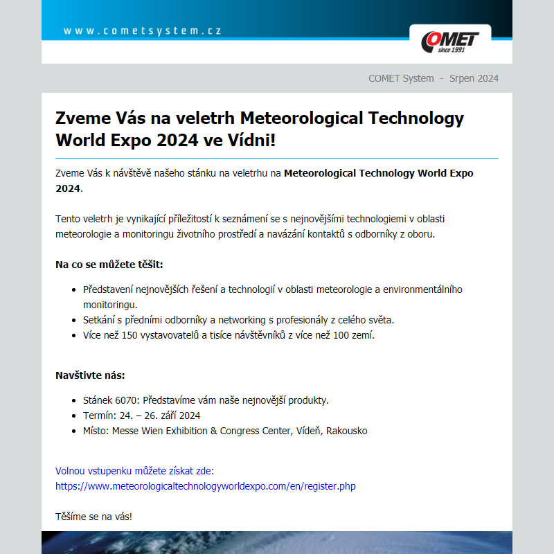 Zveme Vás na veletrh Meteorological Technology World Expo 2024 ve Vídni!