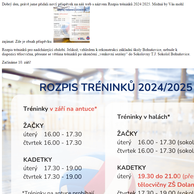 Nový příspěvek na webu - Rozpis tréninků 2024/2025