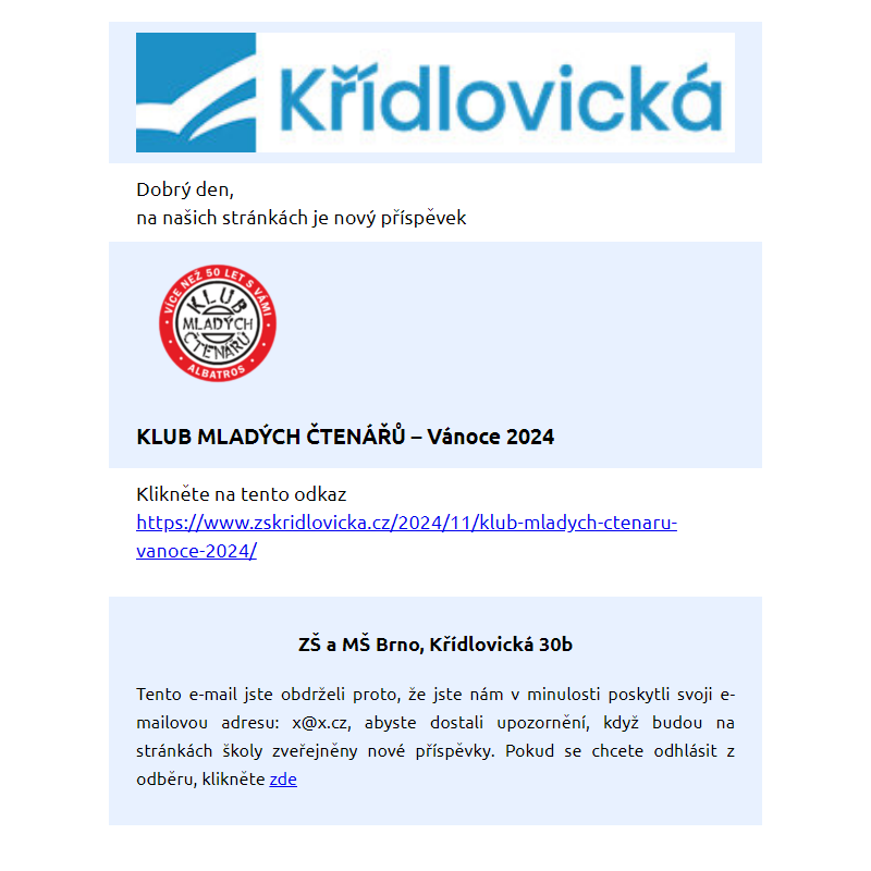 Nový příspěvek – KLUB MLADÝCH ČTENÁŘŮ - Vánoce 2024