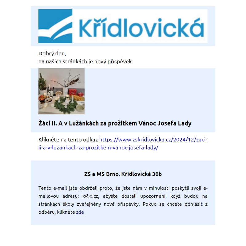 Nový příspěvek – Žáci II. A v Lužánkách za prožitkem Vánoc Josefa Lady