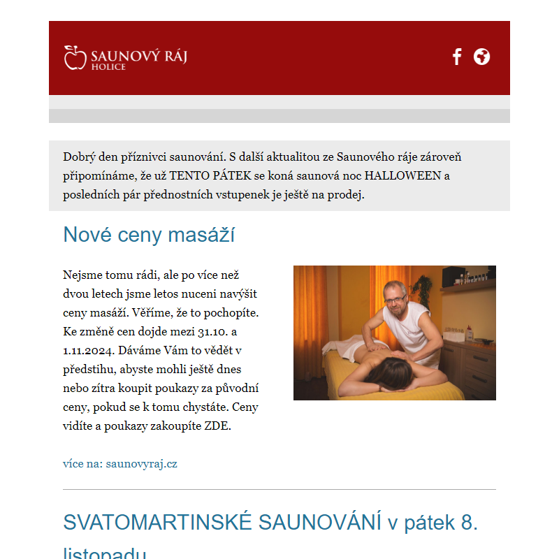 Aktuální informace ze Saunového ráje