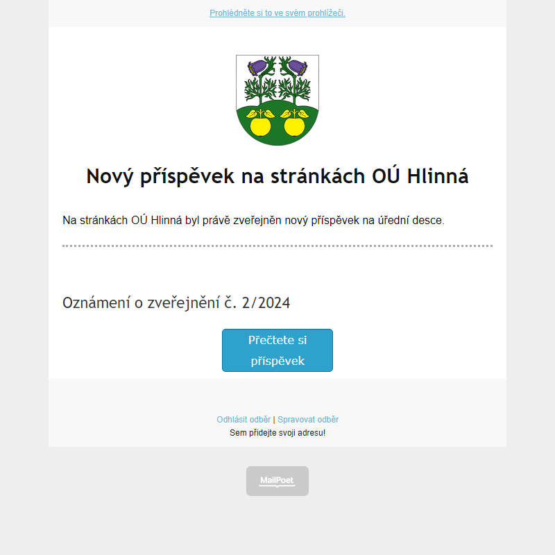Na úřední desce na stránce hlinná.cz byl zveřejněn nový příspěvek