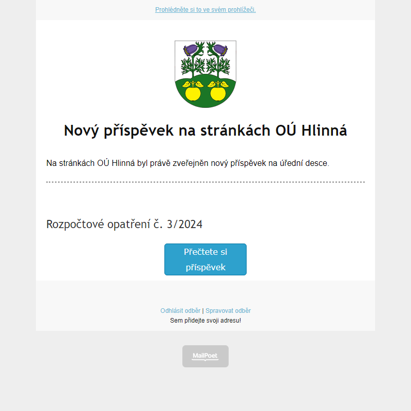 Na úřední desce na stránce hlinná.cz byl zveřejněn nový příspěvek