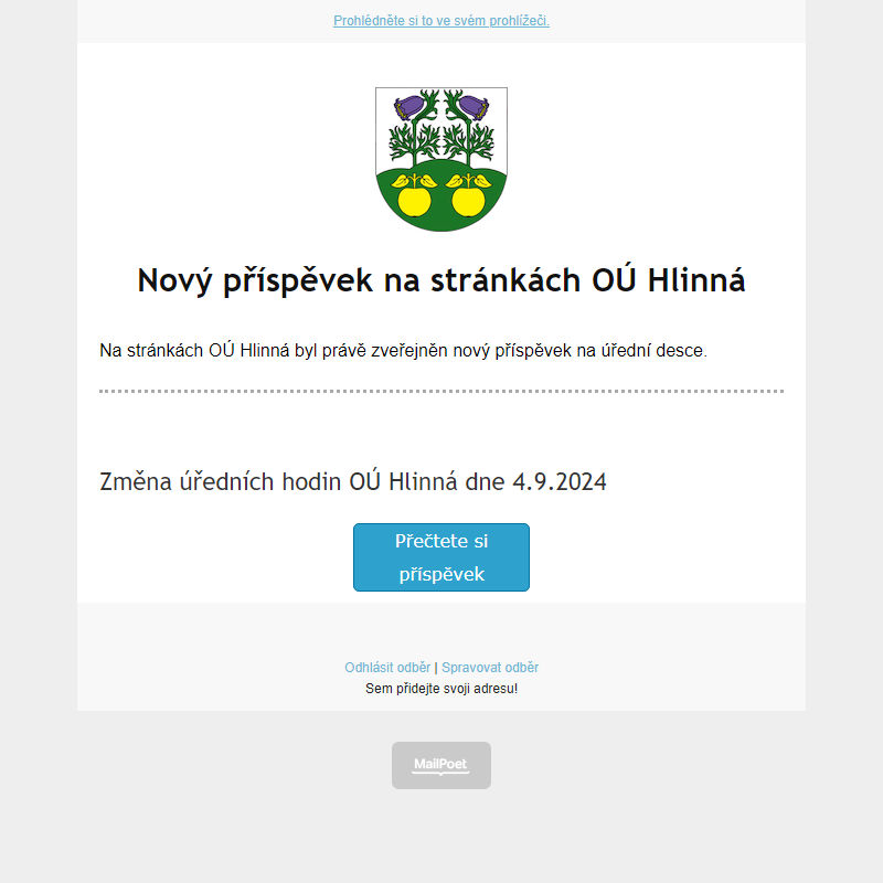 Na úřední desce na stránce hlinná.cz byl zveřejněn nový příspěvek
