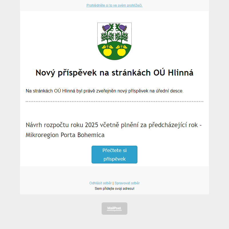 Na úřední desce na stránce hlinná.cz byl zveřejněn nový příspěvek