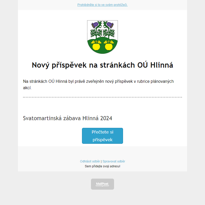 V rubrice akcí na stránce hlinná.cz byl zveřejněn nový příspěvek