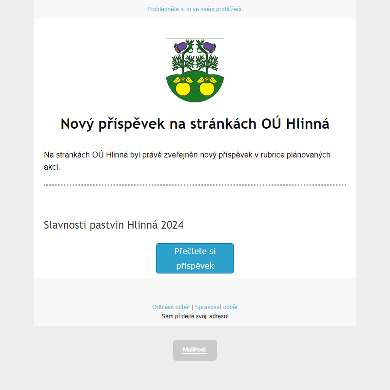 V rubrice akcí na stránce hlinná.cz byl zveřejněn nový příspěvek